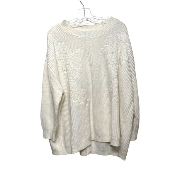 Kaari Blue White Knit Layered Splice Back Floral Embroidered Crewneck Sweater XL - Picture 1 of 6